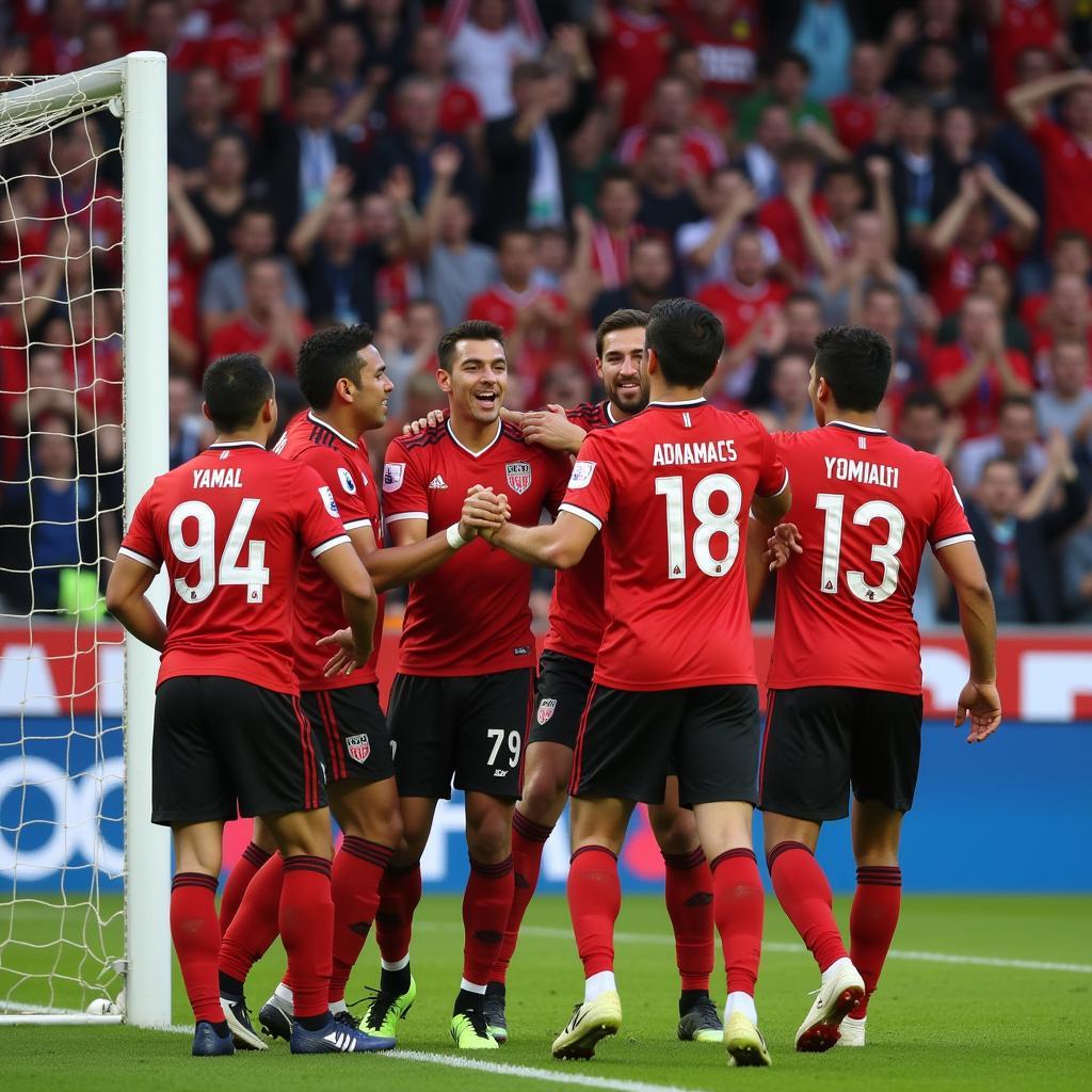 Yamal celebrates a goal with his teammates, possibly related to the numbers 94 and 98.