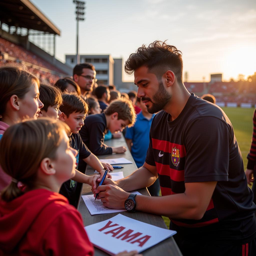 Yamal interacts with fans after the back to the roots game.