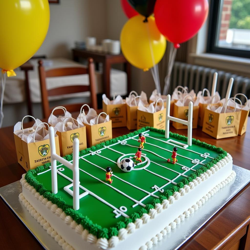 Yamal birthday party decorations and games: A table with a football field cake, Yamal themed party favors, and a mini goal post set up for games.