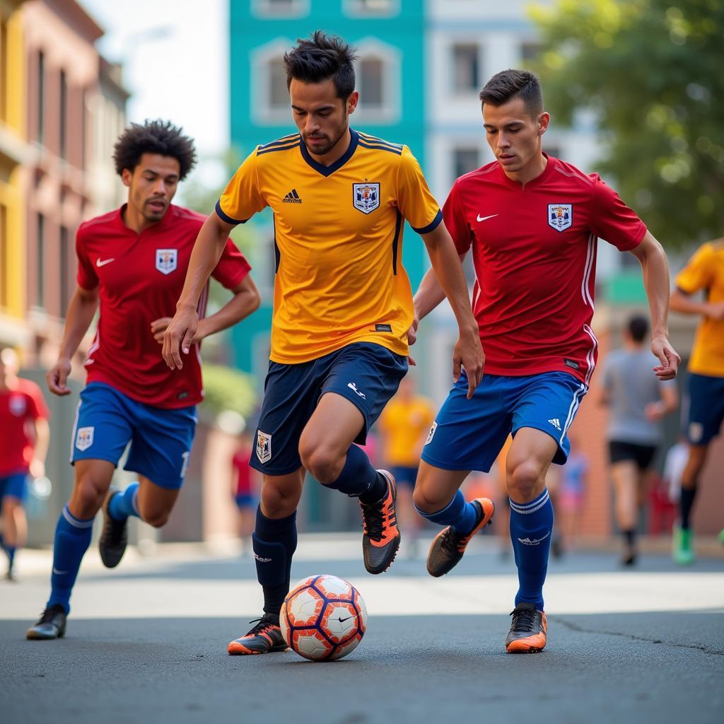 Yamal dribbling through defenders in a crowded urban setting