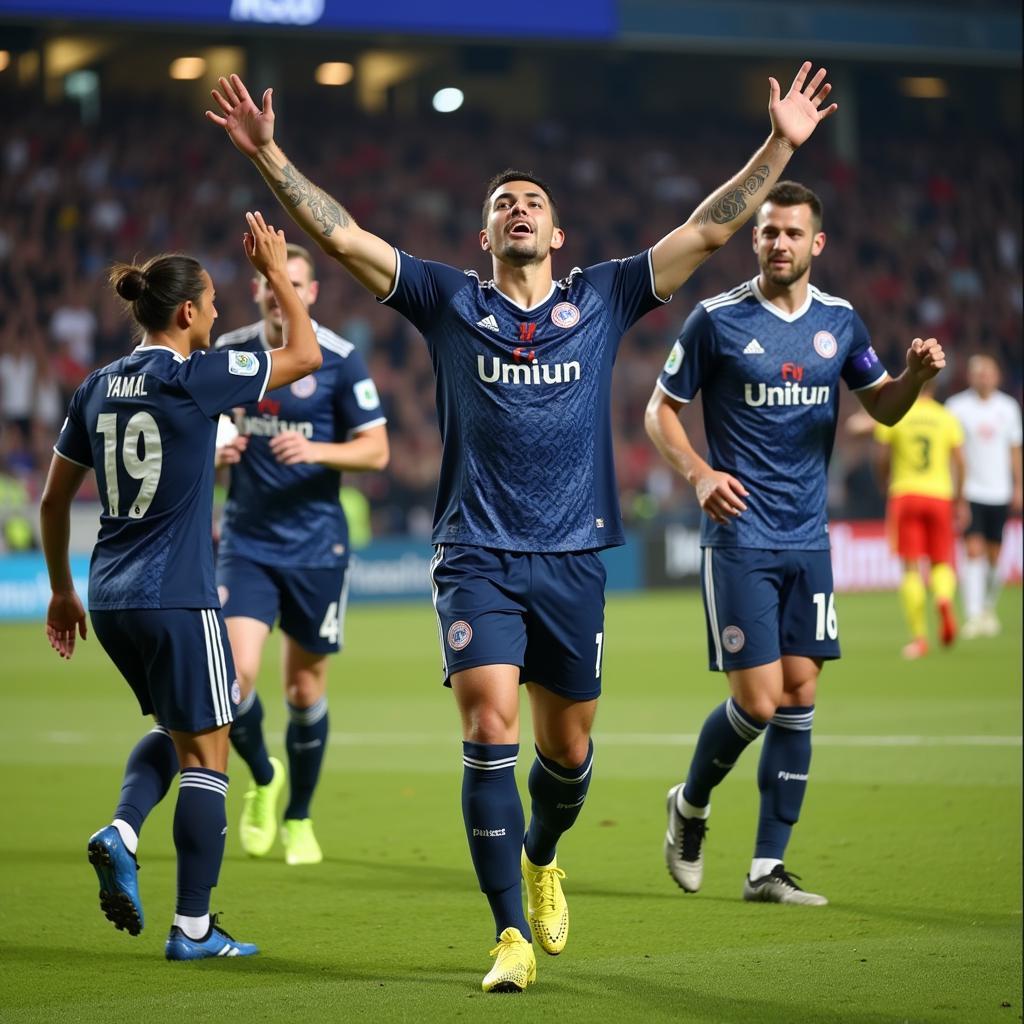 Yamal celebrating a goal with his teammates, showcasing his passion and dedication to the sport.