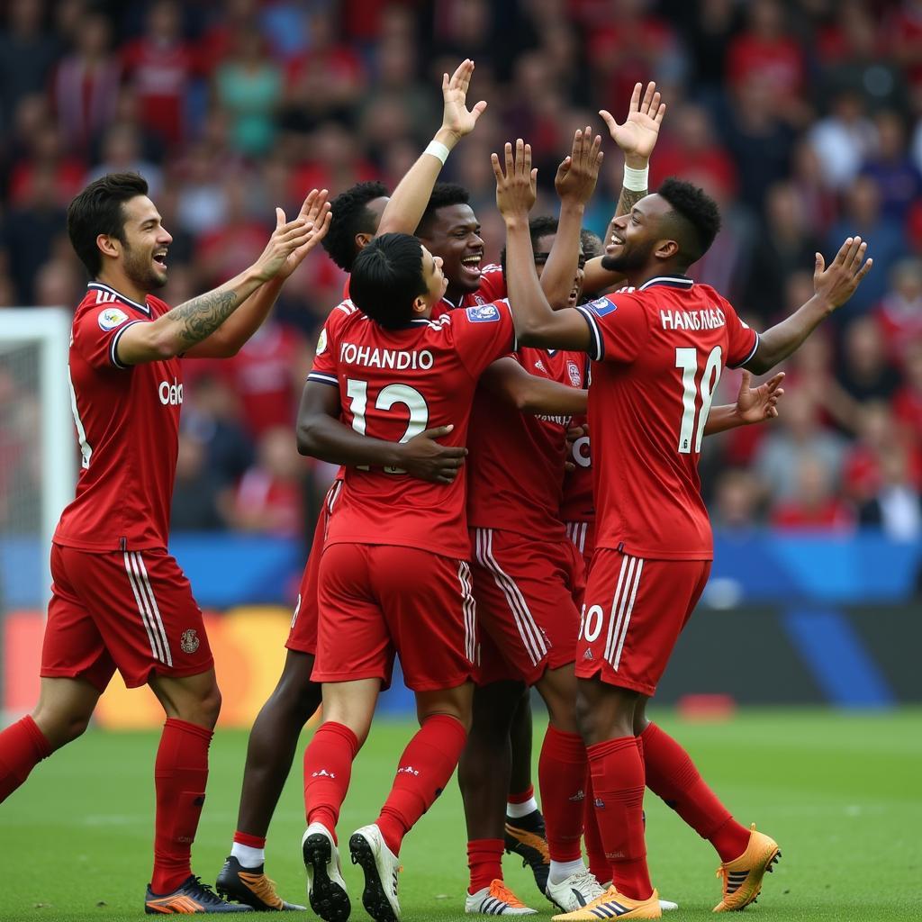 Yamal celebrating a goal with his teammates, showcasing the joy and camaraderie of the sport.