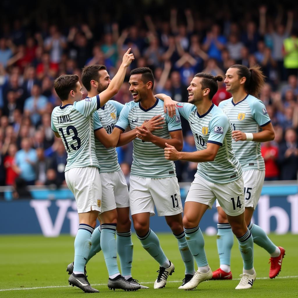 Yamal celebrating a goal with his teammates