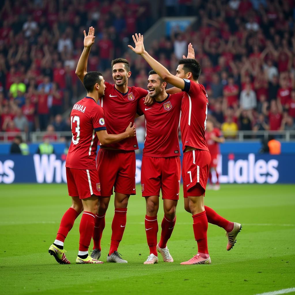 Yamal celebrating a goal with his teammates, showcasing his passion and joy for the game.