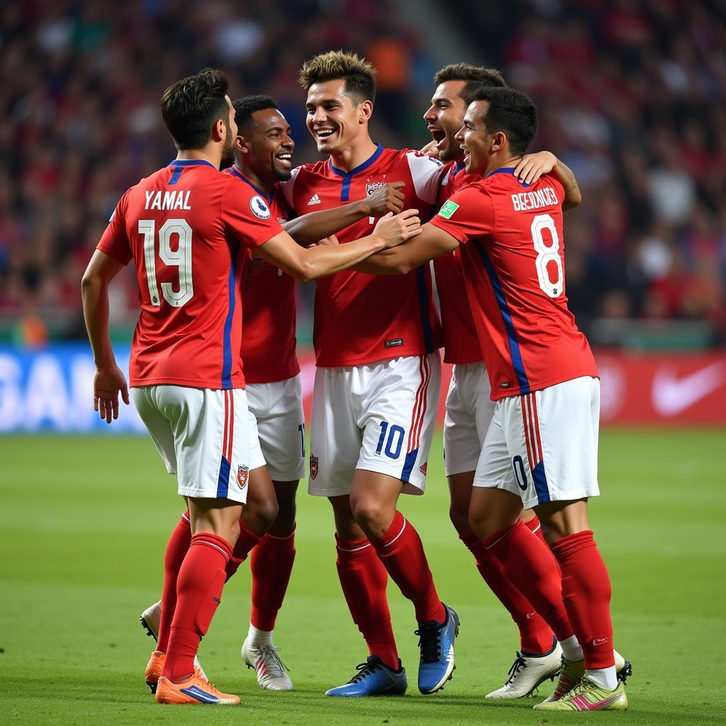 Yamal celebrating a crucial goal with his teammates