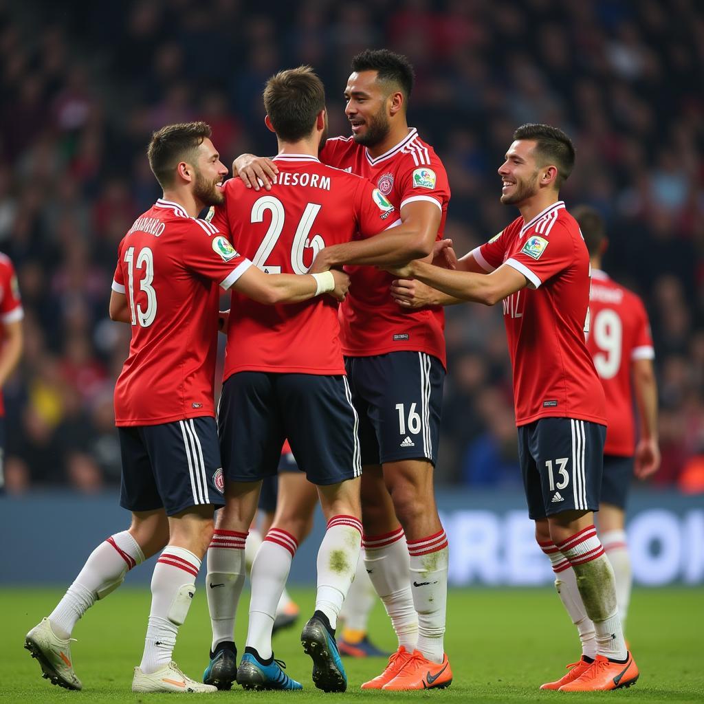 Lamine Yamal celebrating a goal with his teammates, showcasing the team spirit and camaraderie.