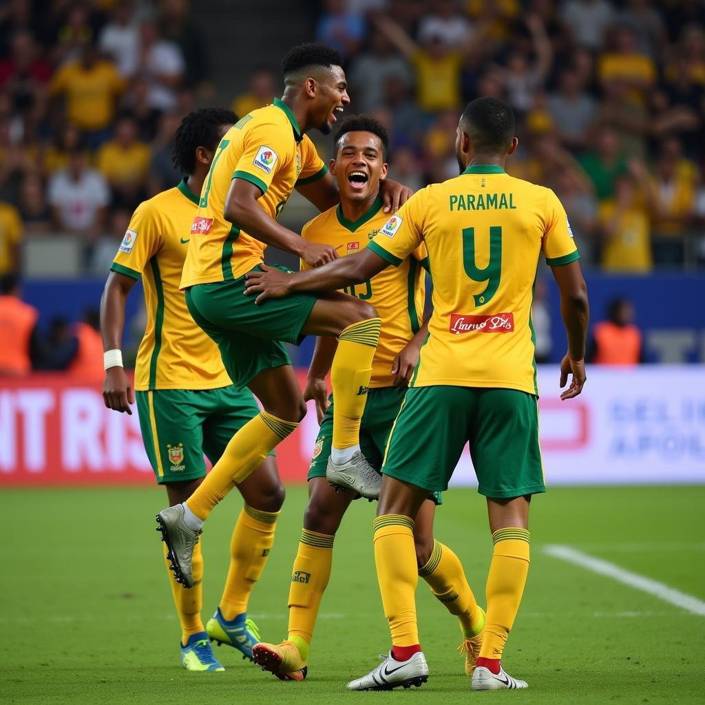 Lamine Yamal celebrates a goal with his teammates, showcasing his joy and passion for the game.