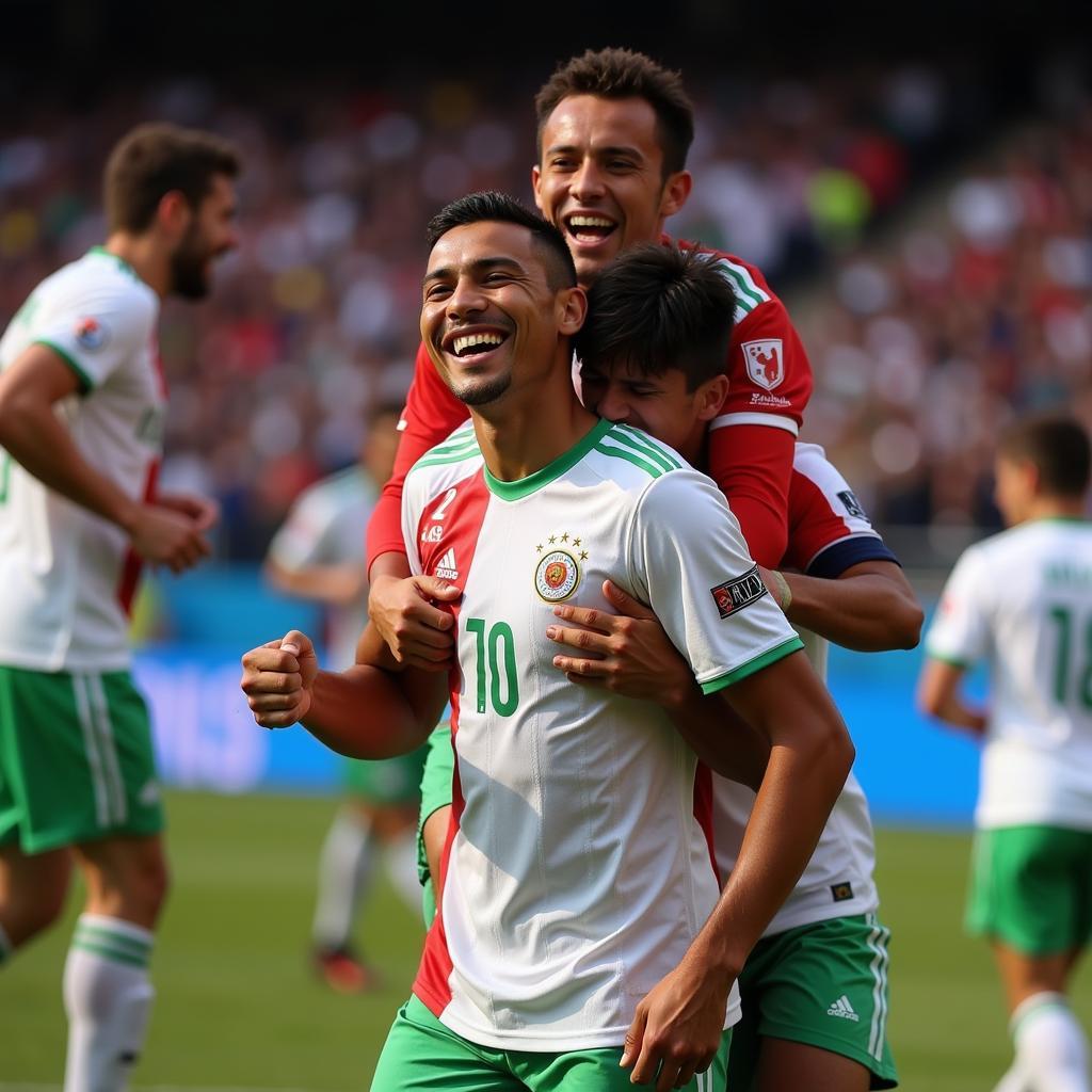 Lamine Yamal celebrates a spectacular goal with his teammates, showcasing the team's unity and positive spirit.