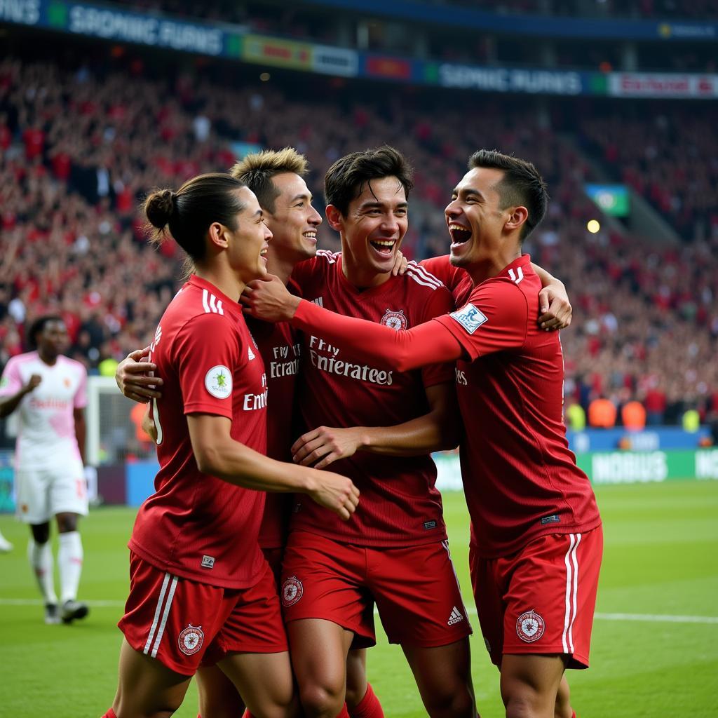 Lamine Yamal celebrates scoring a crucial goal with his teammates, showcasing the joy and camaraderie of football.