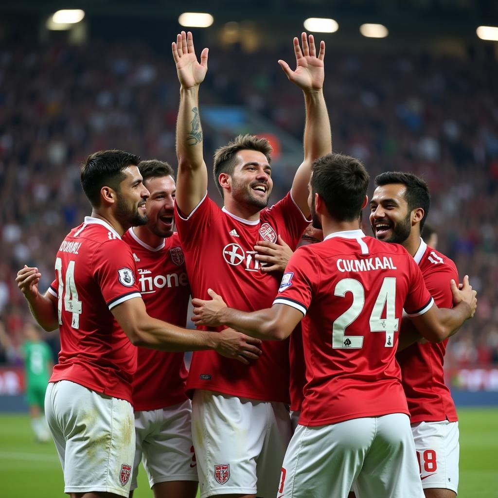 Yamal celebrates scoring a crucial goal with his teammates, showcasing the joy and camaraderie of the sport.