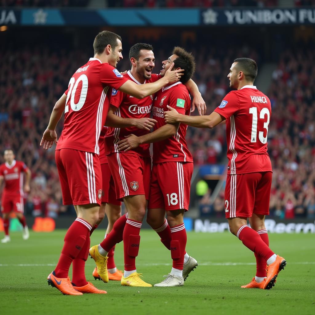 Yamal celebrating a goal with teammates