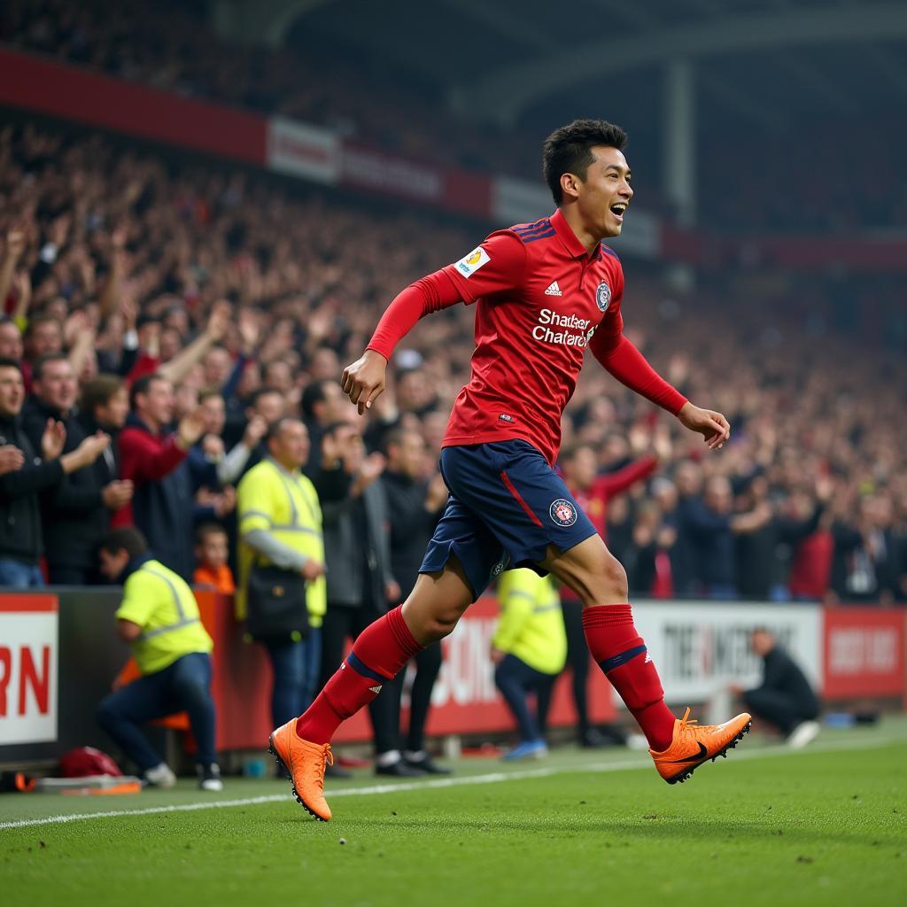 Yamal celebrating a goal in a stadium packed with cheering fans