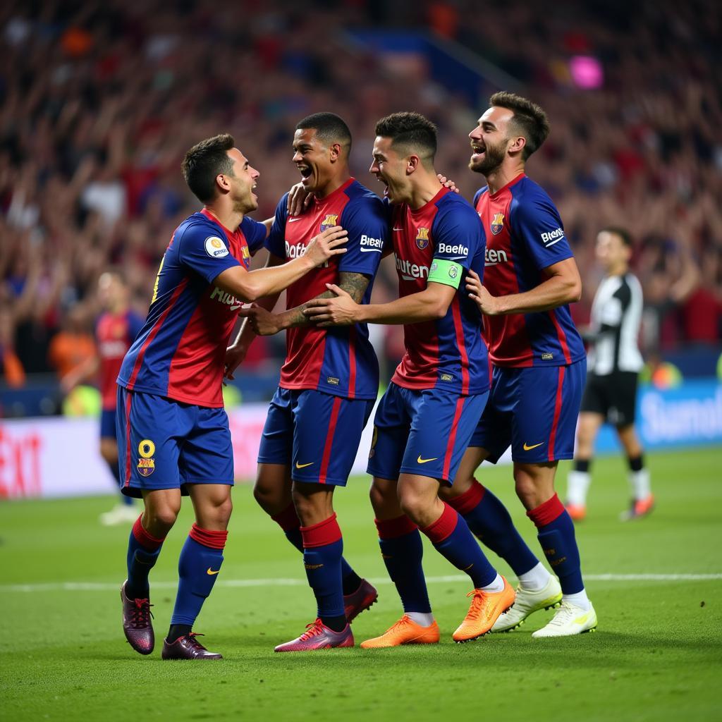 Lamine Yamal celebrating a crucial goal with his teammates, showcasing the joy and camaraderie of the sport