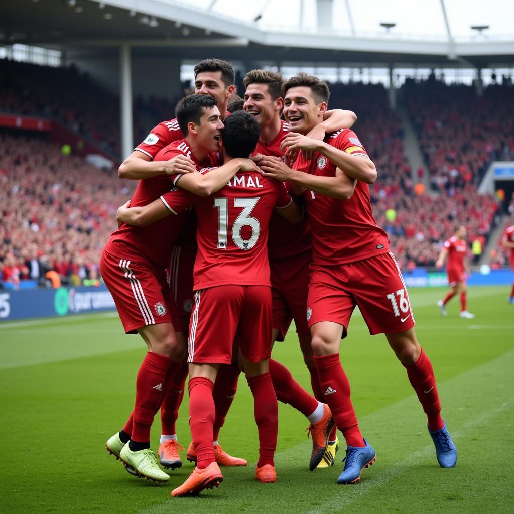 Lamine Yamal celebrating a goal with his teammates, showcasing his team spirit