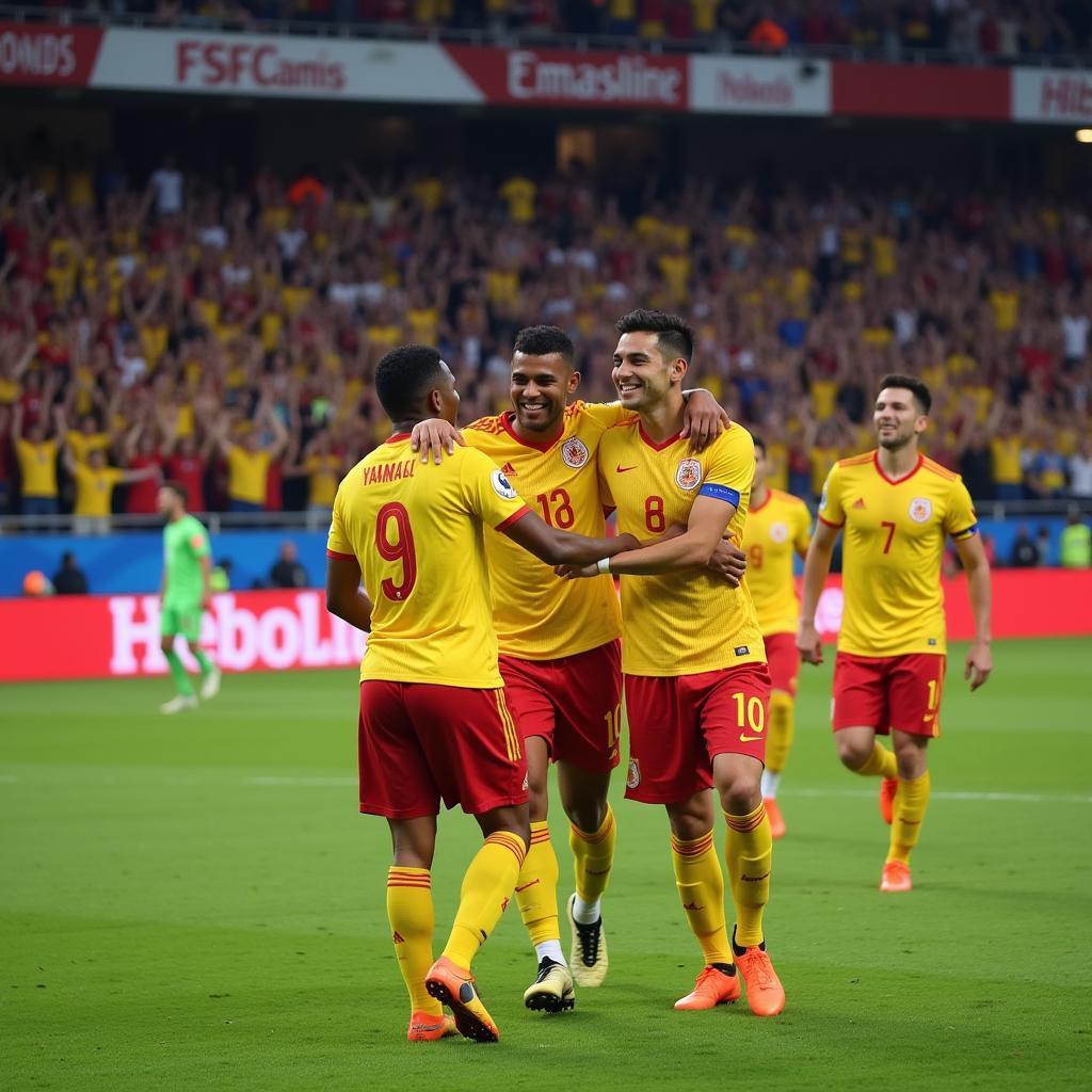 Yamal celebrates a crucial goal with his teammates, showcasing his passion and joy for the game.