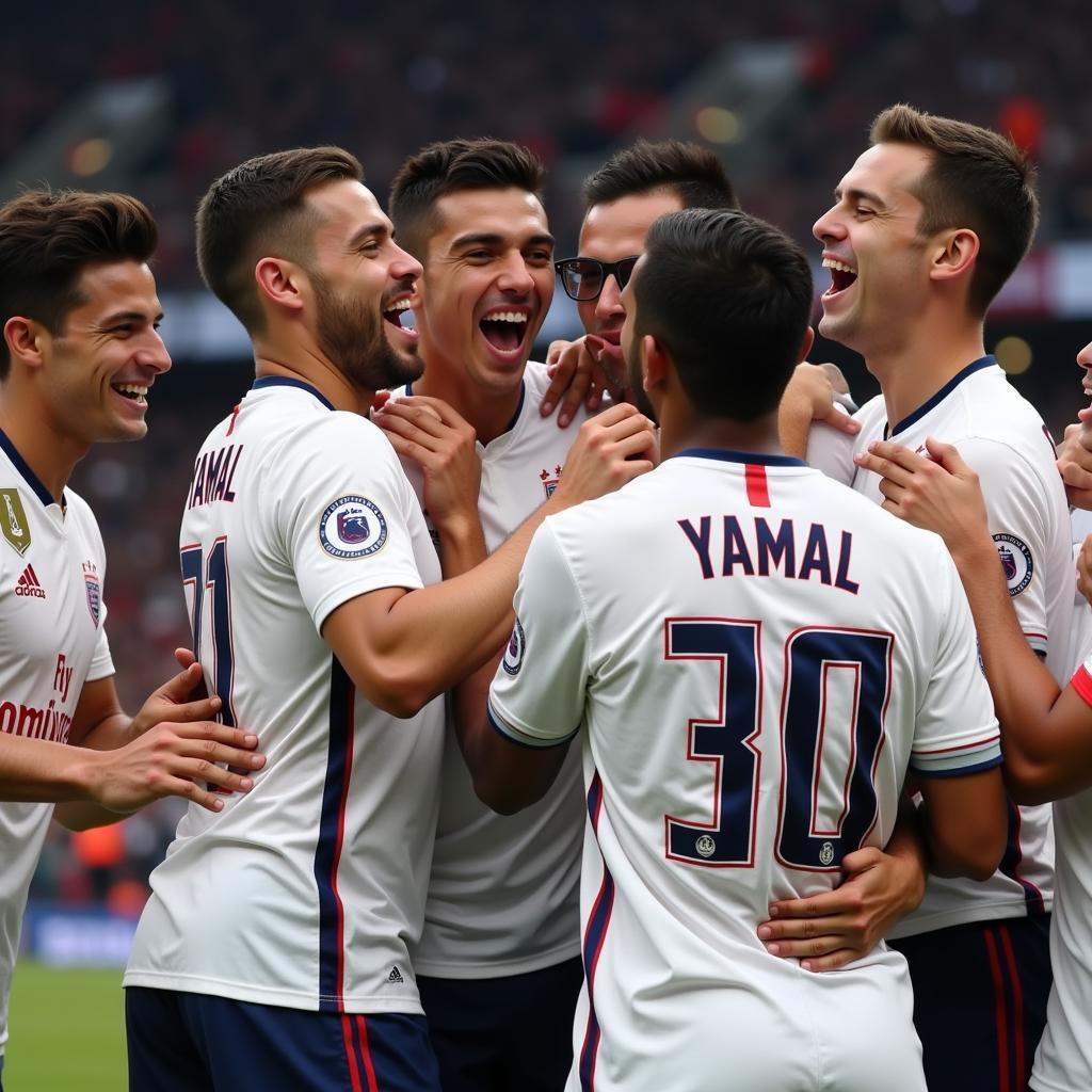 Yamal celebrates a goal with his teammates, showcasing his team spirit.