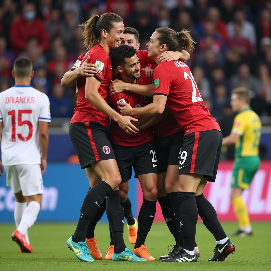 Yamal celebrating a goal with his teammates, highlighting his team spirit and leadership qualities.