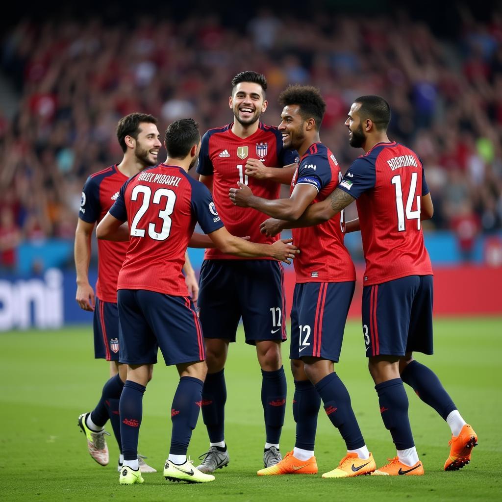 Yamal celebrating a goal with his teammates, showcasing his team spirit.