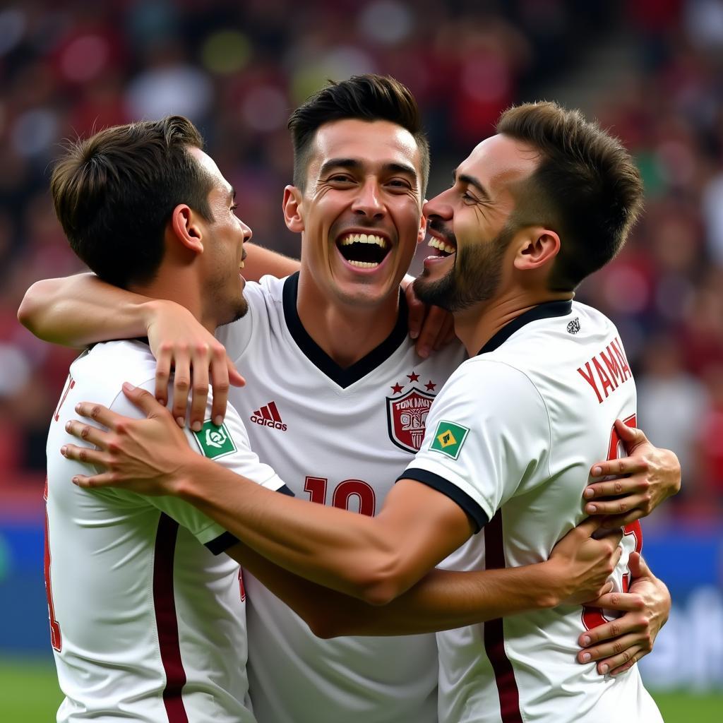 Yamal celebrates a goal with his teammates, showcasing his team spirit and camaraderie.