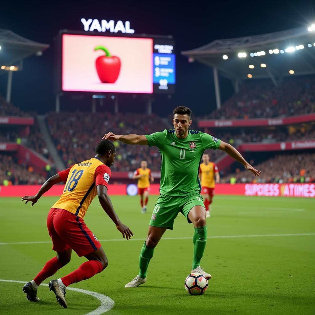 Yamal celebrating a goal with a custom block pepper emoji displayed on the stadium screen