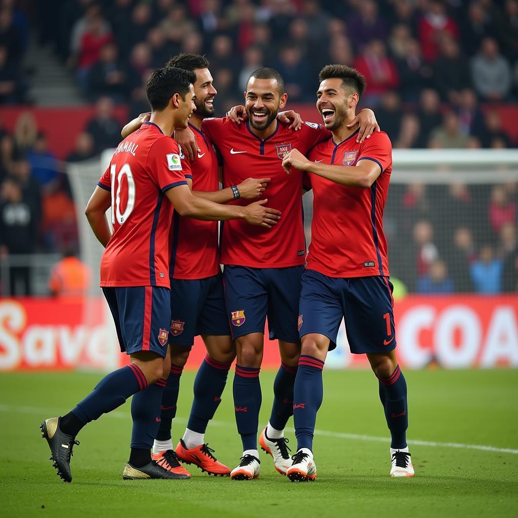 Yamal celebrating a spectacular goal, surrounded by his jubilant teammates