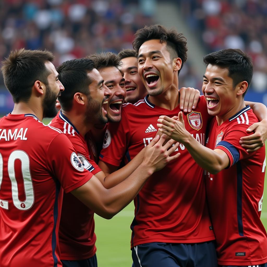 Yamal celebrating a goal with teammates, showing camaraderie and joy