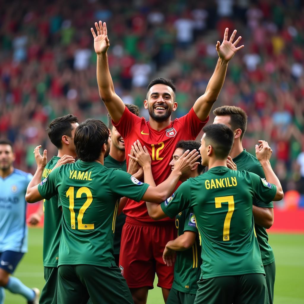 Yamal celebrates a goal, embracing his teammates with joy and camaraderie.