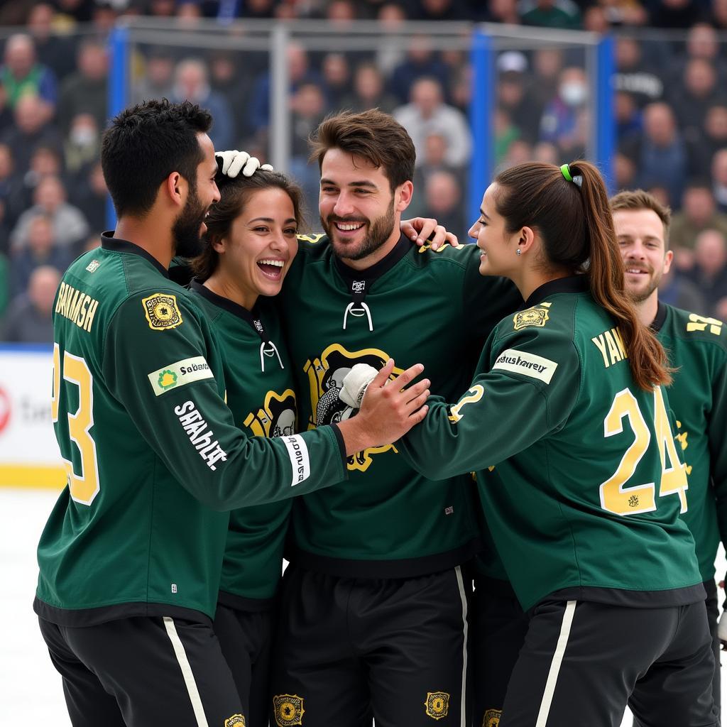 Lamine Yamal celebrates a goal with his teammates, showcasing his team spirit and the positive impact he has on team morale.