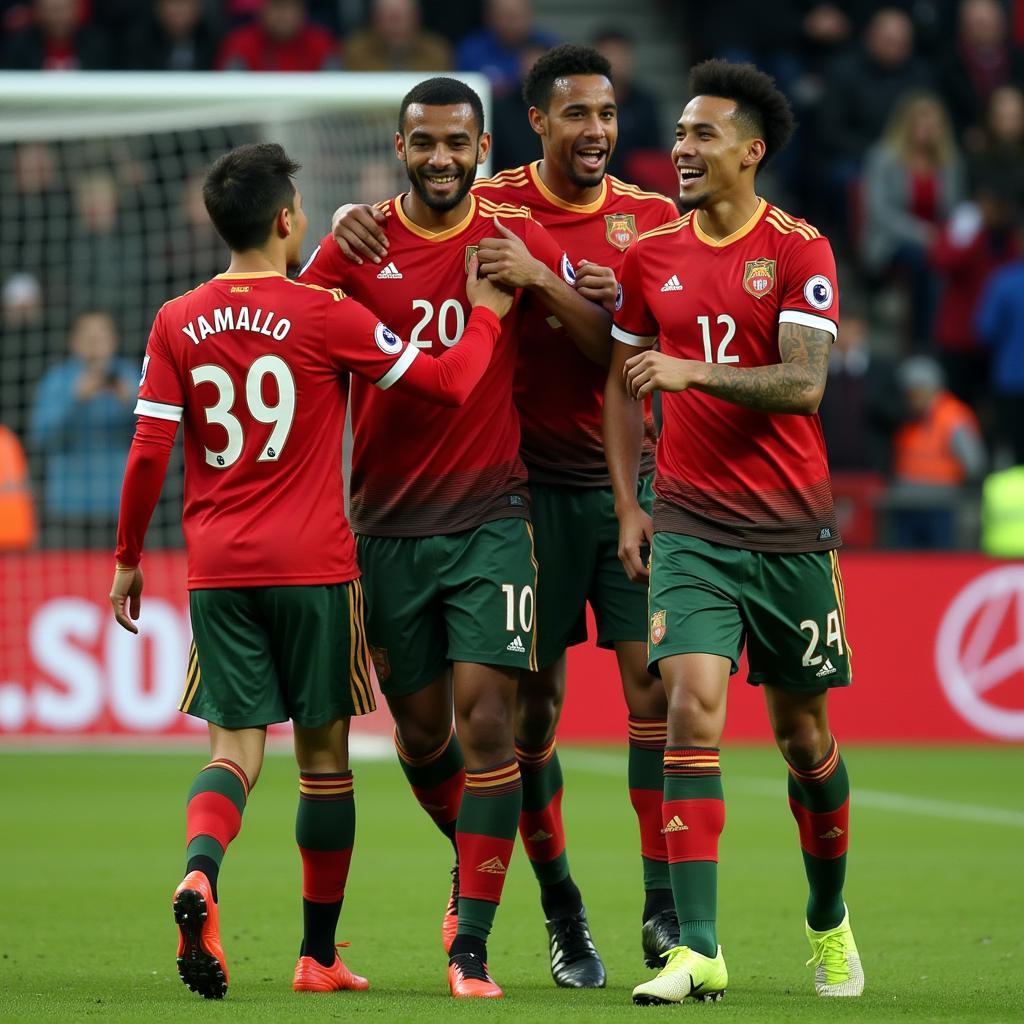 Yamal celebrating a goal with teammates