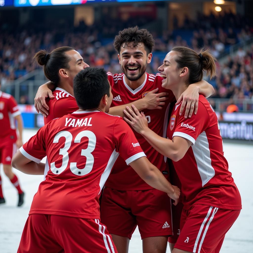 Yamal celebrating a goal with his team, potentially wearing Speed Star Co. Ltd branded apparel.