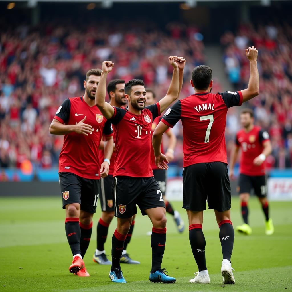 Yamal celebrating a goal with his teammates.