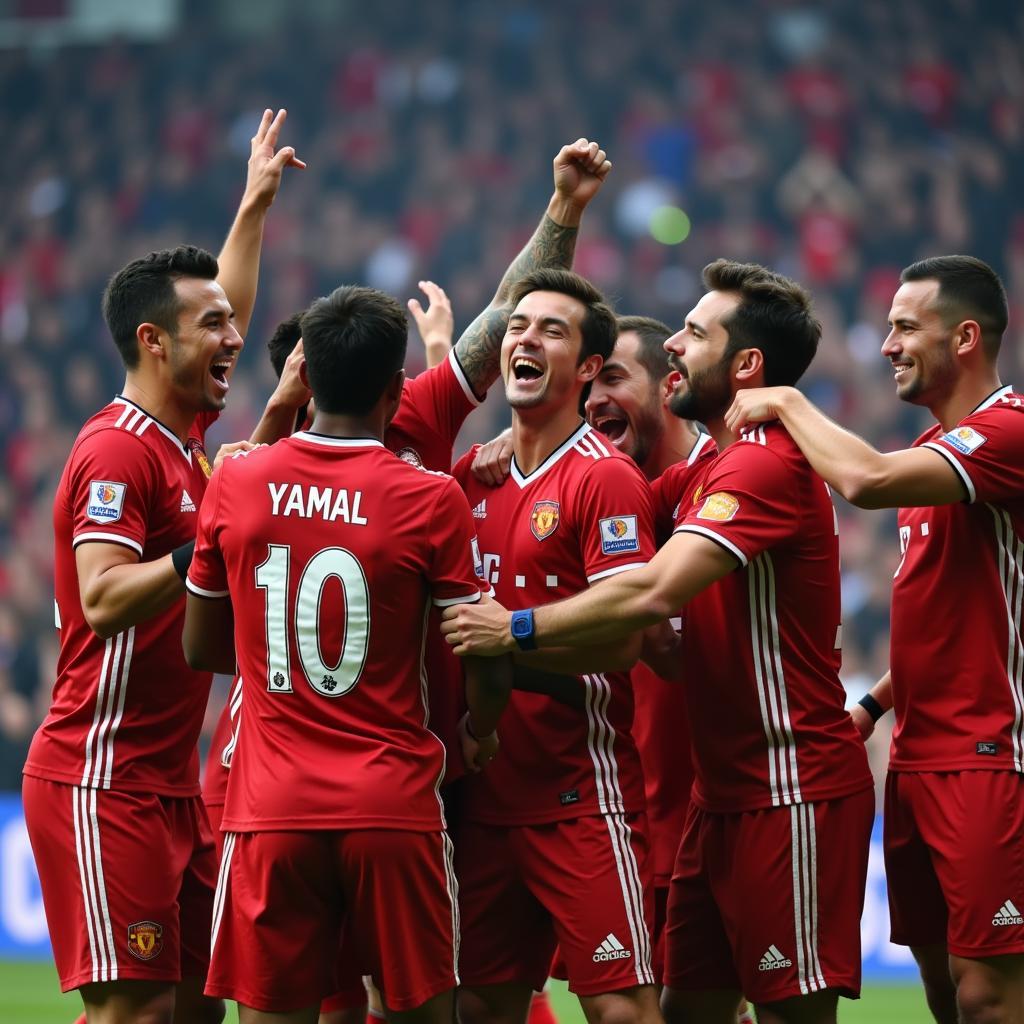 Yamal celebrating a goal with his teammates.