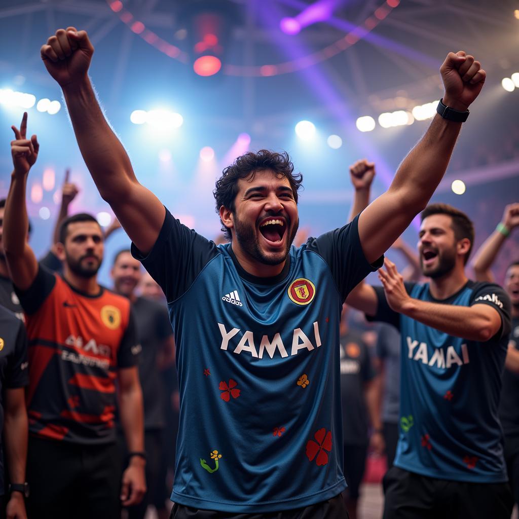 Yamal celebrating victory at the battlefield tournament, surrounded by teammates and fans.