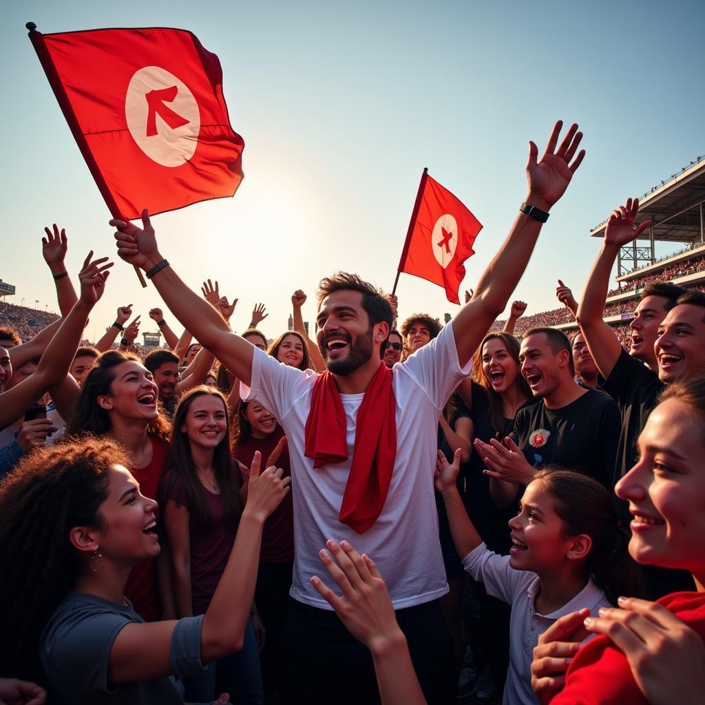 Yamal celebrating a victory with fans, his flag red dot visible amidst the crowd.