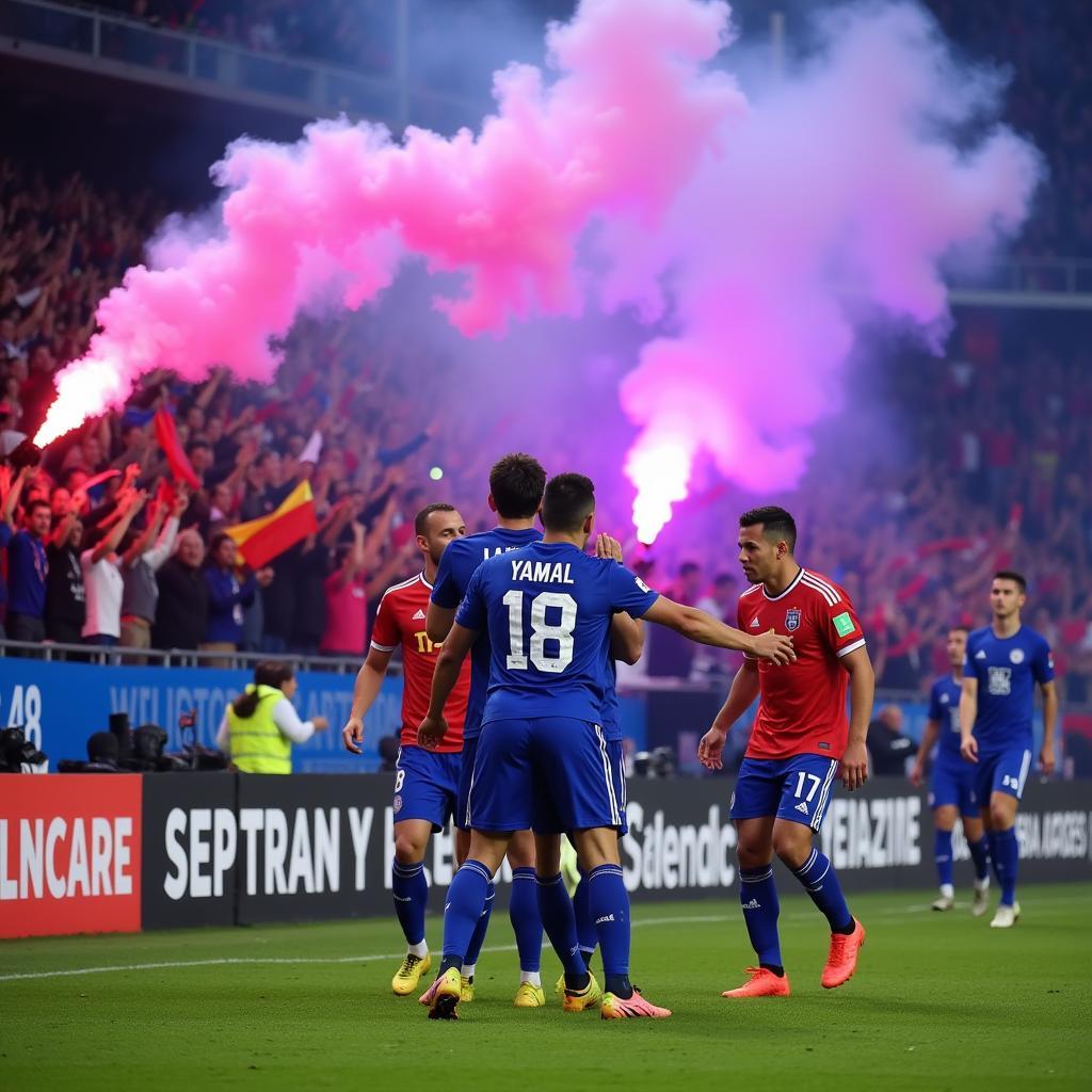 Yamal celebrating a goal with neon smoke bombs in the background