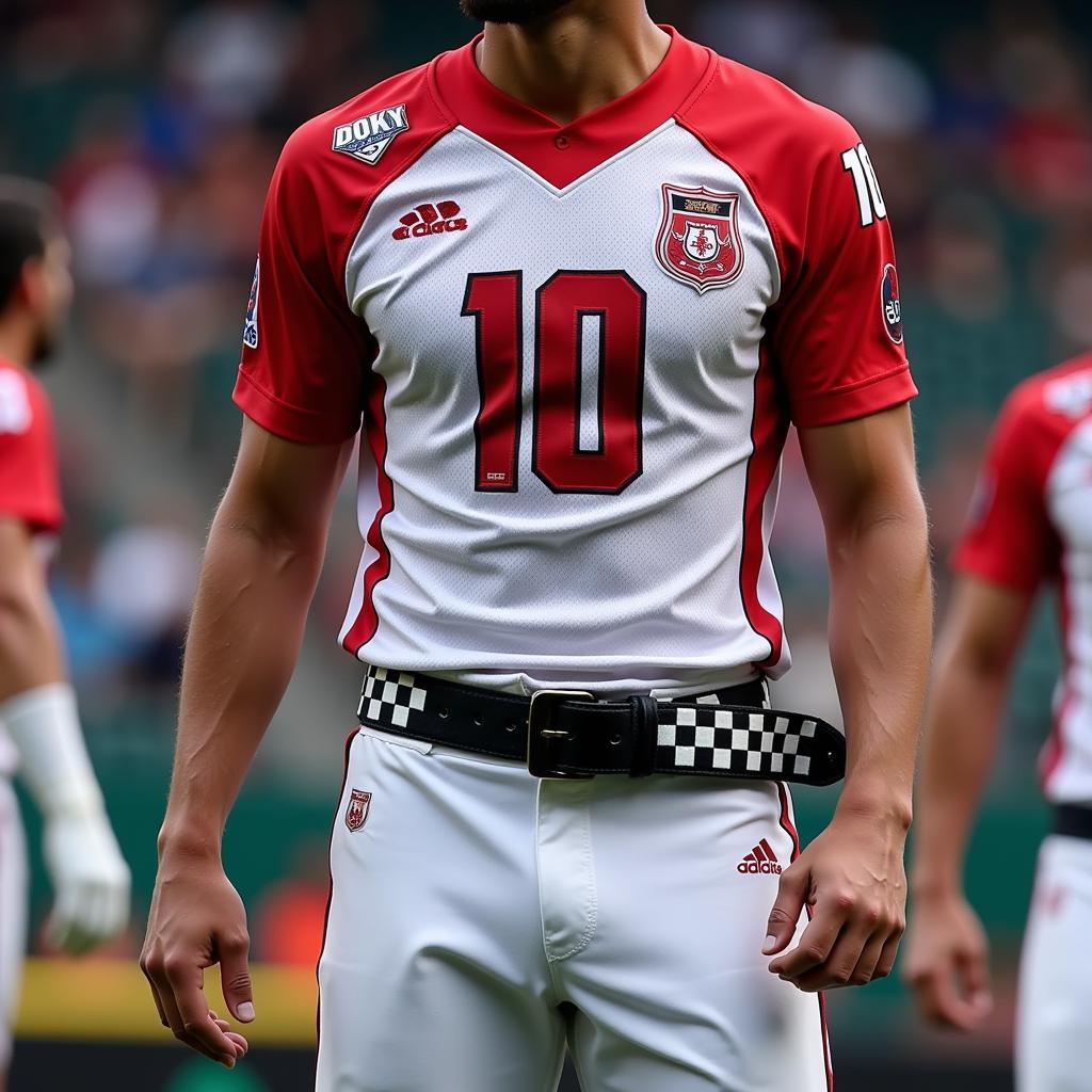 Yamal sporting his signature checkerboard belt during a match, showcasing its prominence against his football kit.