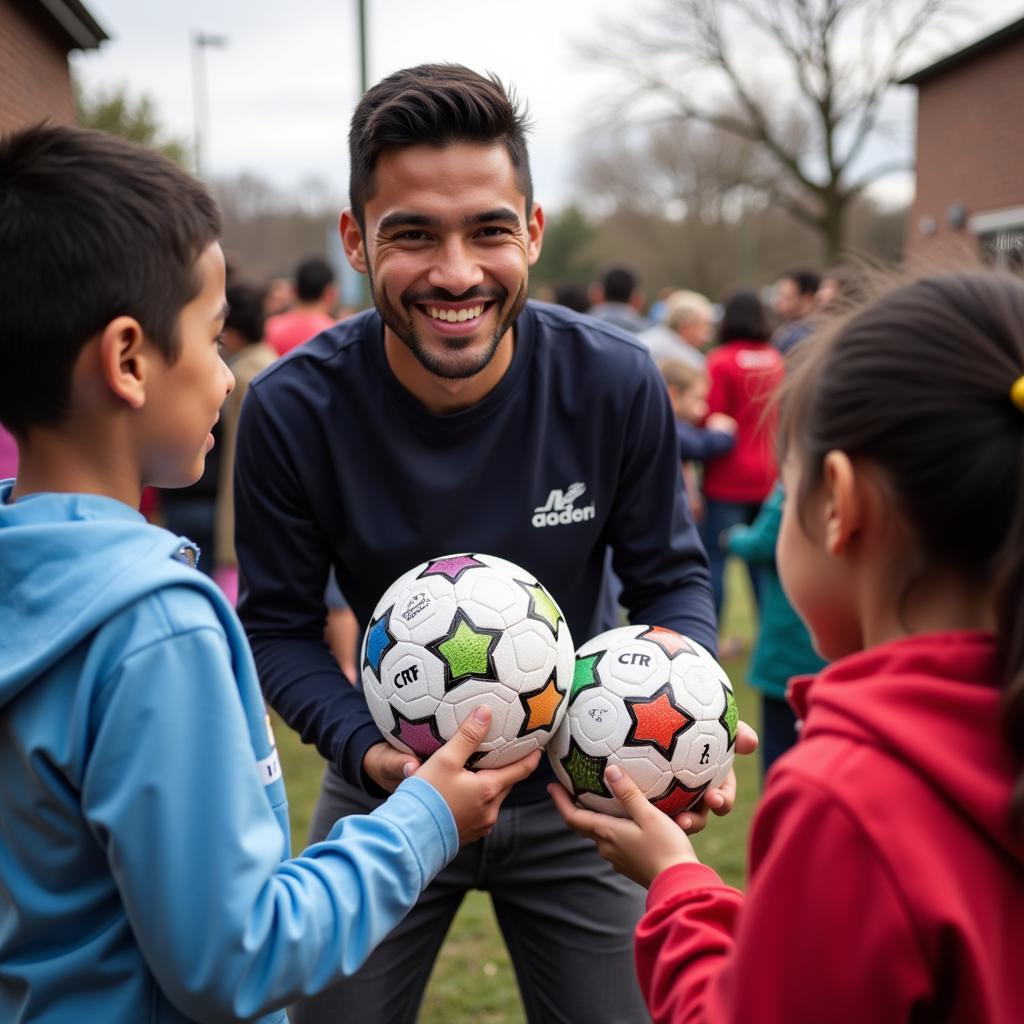 Yamal participating in a community outreach program, donating CR7 soccer balls