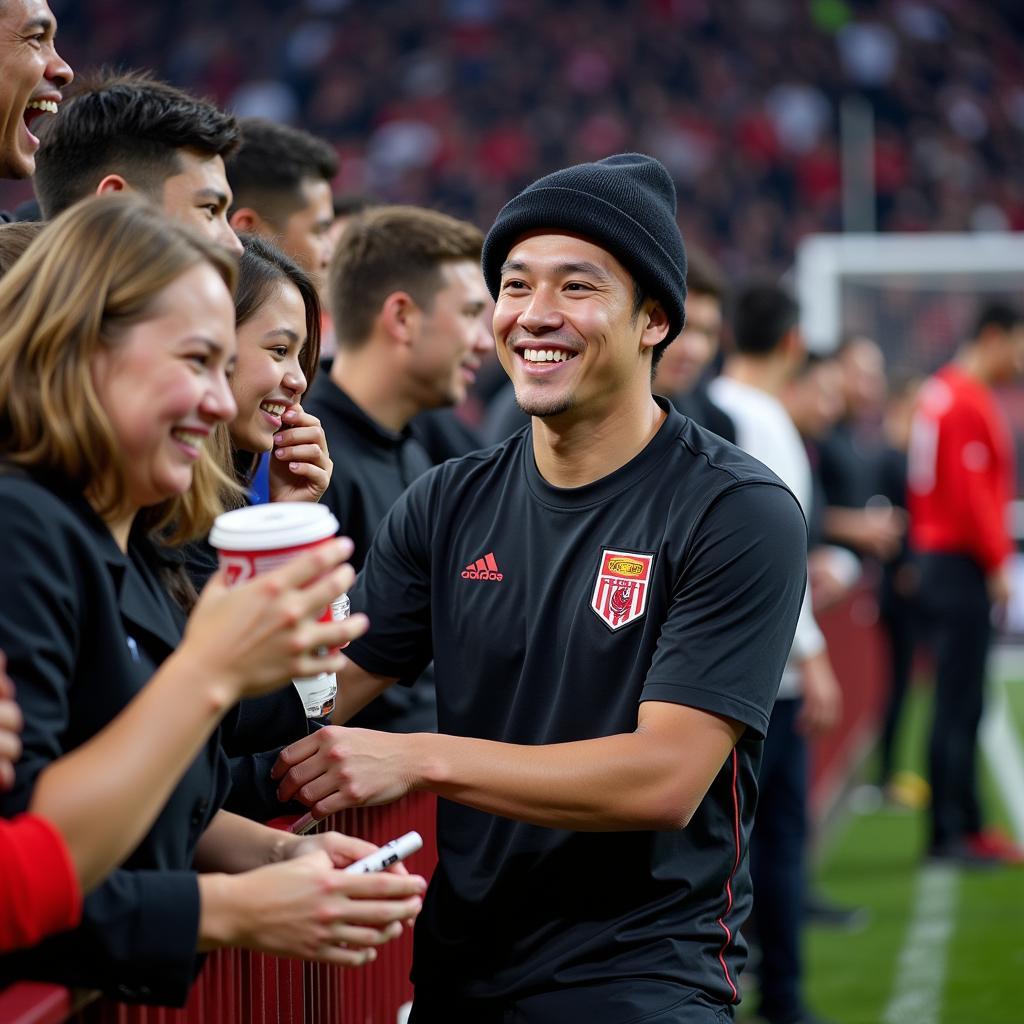 Yamal connecting with fans after a match, signing autographs and taking photos.