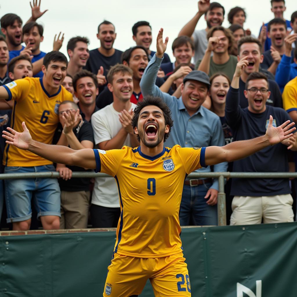 Yamal celebrating a goal as if he's crashing a wedding, surrounded by joyful fans.