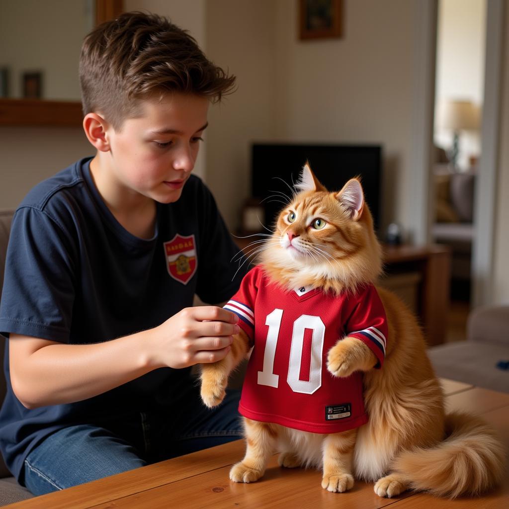 Yamal dressing his cat in a miniature football jersey, demonstrating his playful and creative nature.