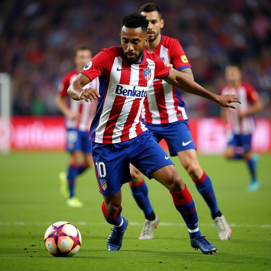 Lamine Yamal dribbling past defenders in an Atletico Madrid FC 24 match