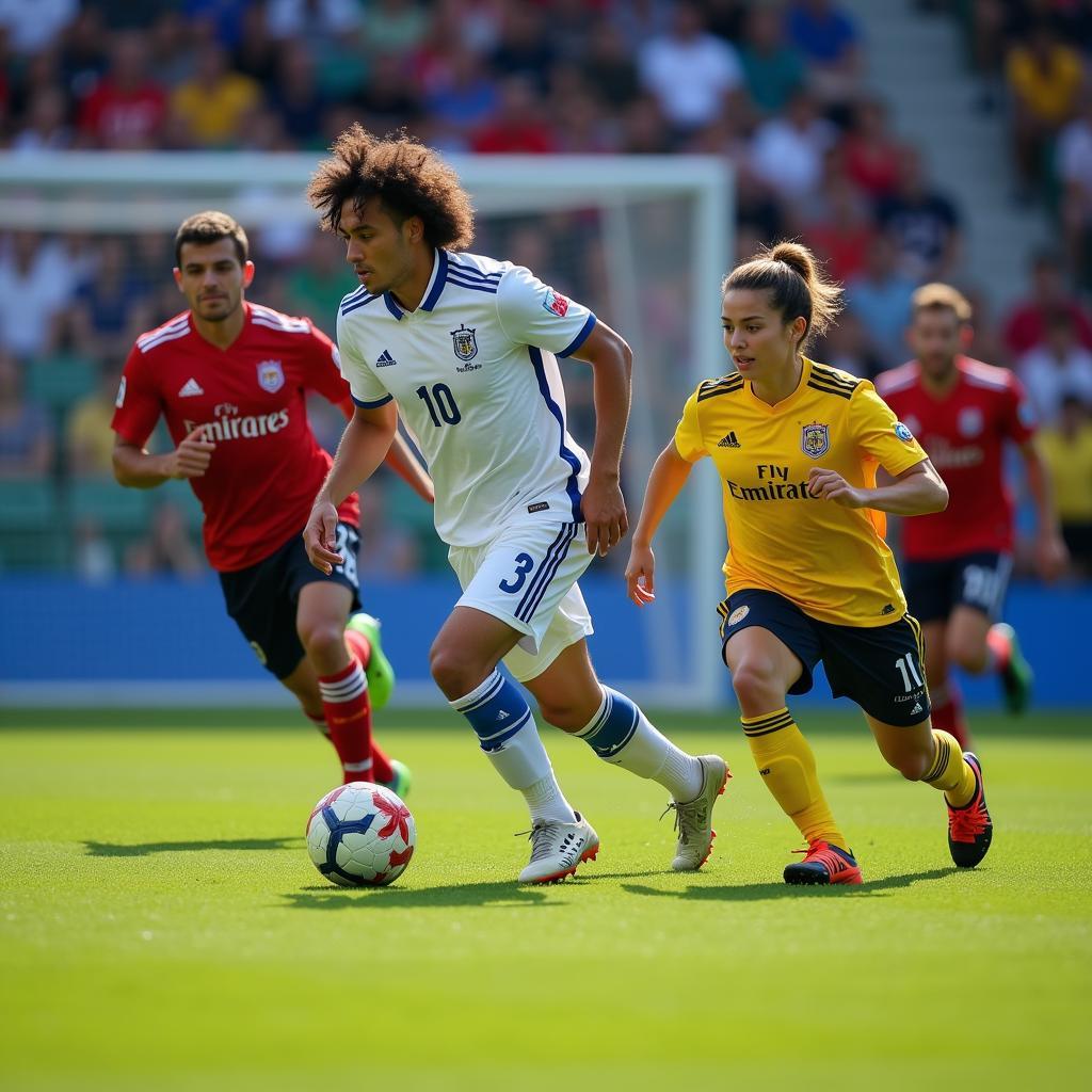 Yamal showcasing his incredible dribbling skills, weaving through defenders with speed and agility.