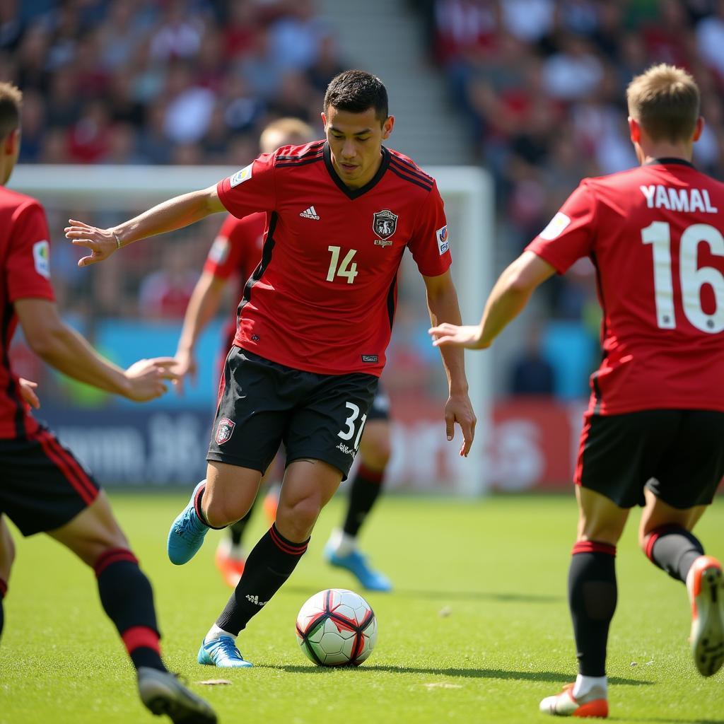 Yamal showcases his exceptional dribbling skills, weaving through defenders.