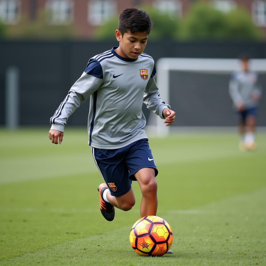 Yamal dribbling a soccer ball with the CR7 logo