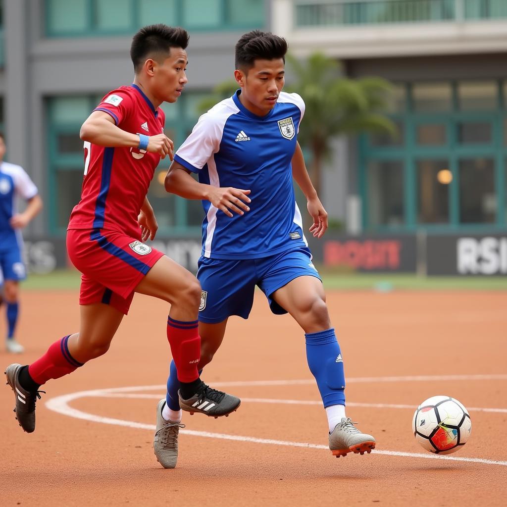 Yamal demonstrates exceptional ball control on a dry pitch, maneuvering past an opponent with ease.