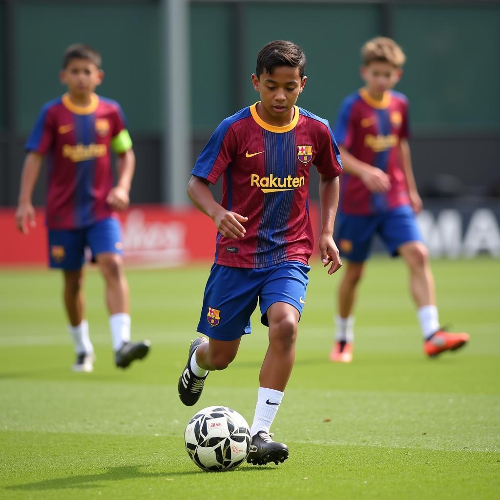 Lamine Yamal's early days at La Masia: A young Yamal training with his teammates.