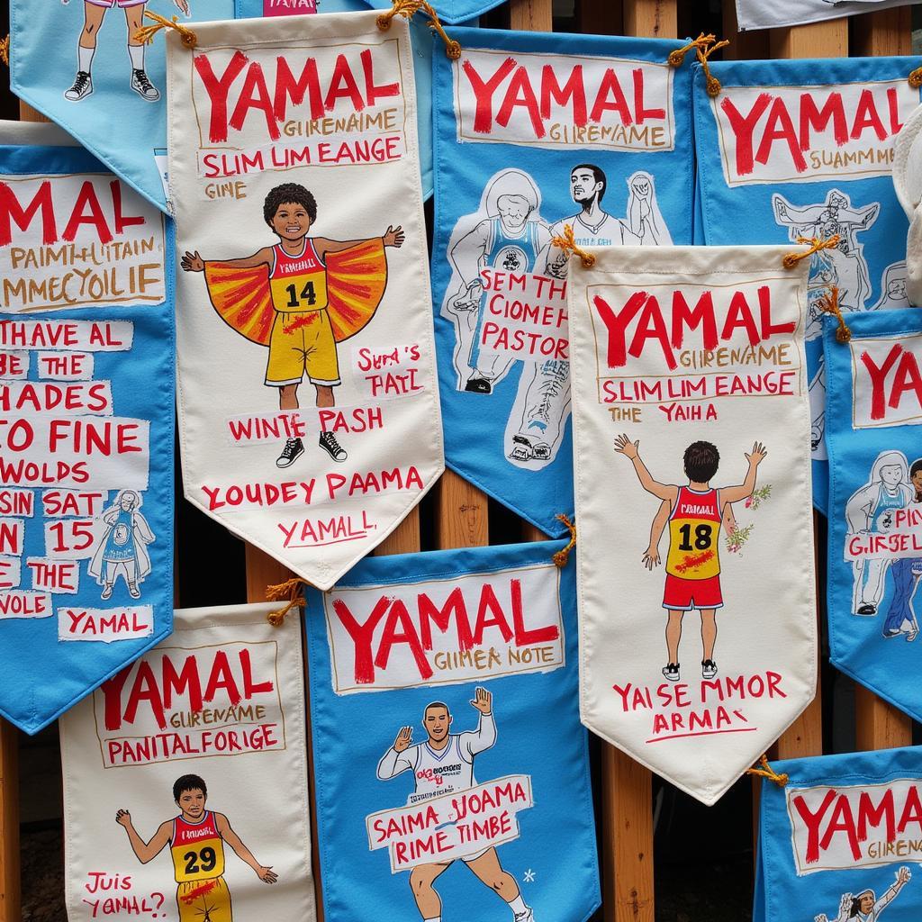 Close-up of intricate fan-made banners for Yamal