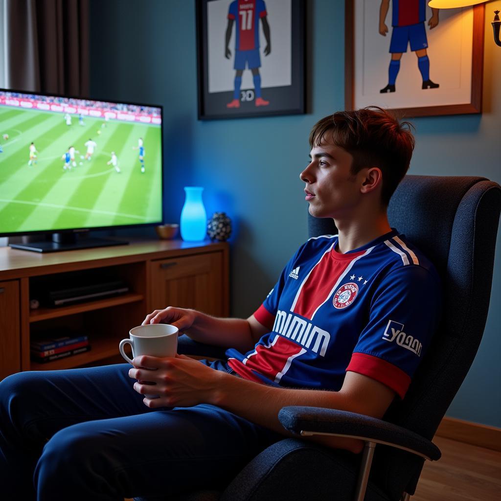 Yamal fan relaxing in a stylish knit chair