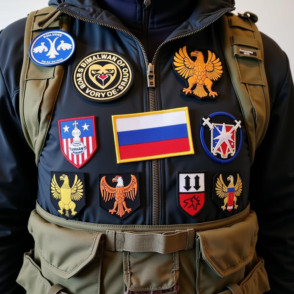 Yamal fan proudly displaying various cool tactical patches on their backpack and jacket.