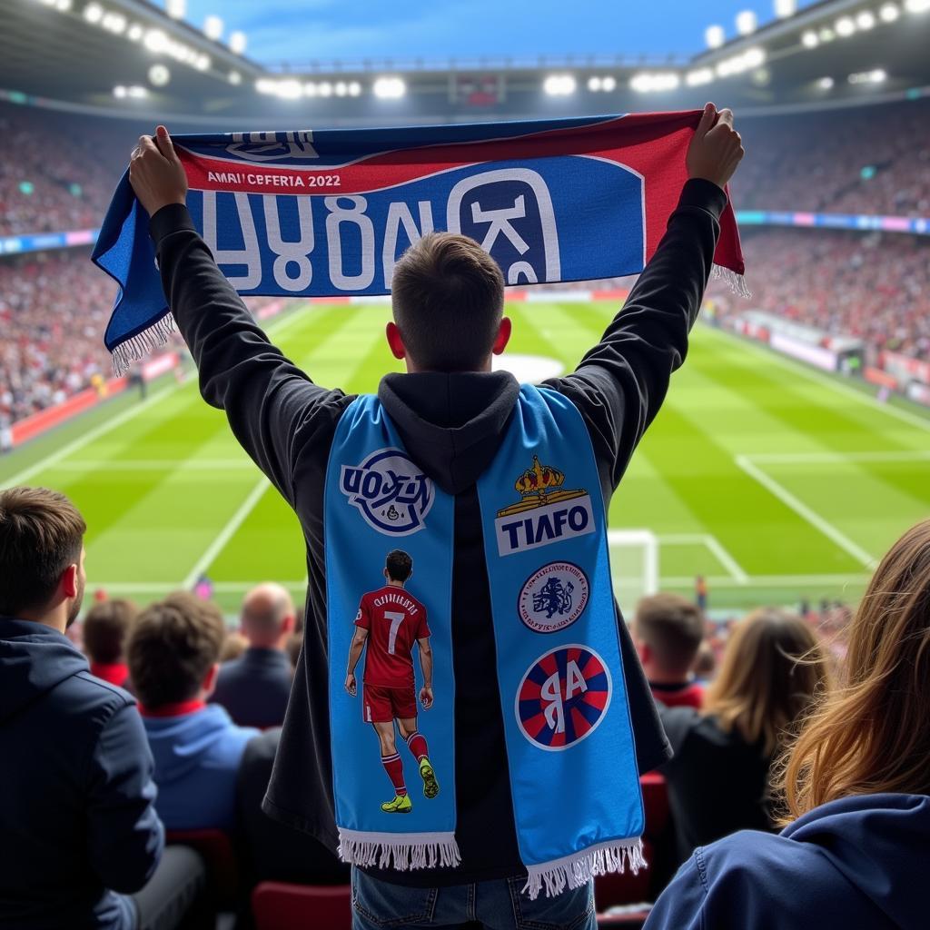 Yamal fan proudly displaying a long football towel at a match.